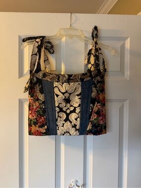 Alice + Olivia Black Patchwork Tie-Shoulder Crop Top with Multicolor Paisley